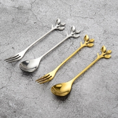 Gold-plated Stainless Steel Cutlery Leaves Coffee Spoon Twig Dessert Fork