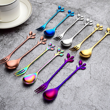 Gold-plated Stainless Steel Cutlery Leaves Coffee Spoon Twig Dessert Fork