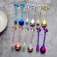 Gold-plated Stainless Steel Cutlery Leaves Coffee Spoon Twig Dessert Fork