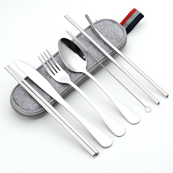 Portable travel cutlery set 304 stainless steel cutlery spoon straw chopsticks
