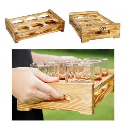 wooden wine tray 6 glasses holder