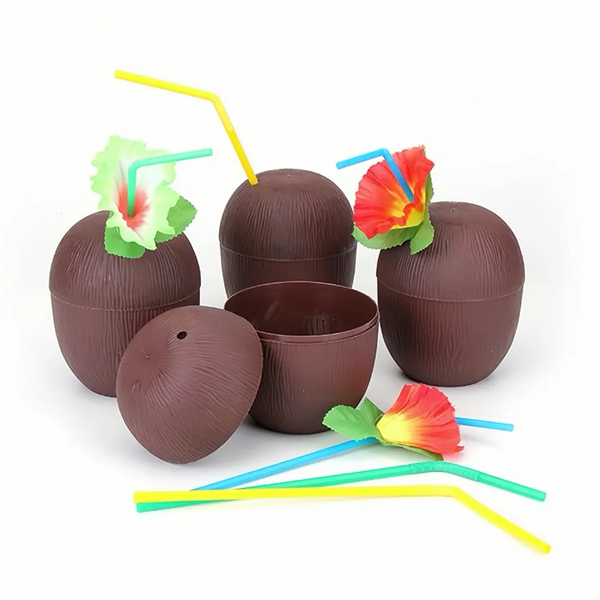 Hawaiian Themed Coconut Cups with Flower Straws & Twist Clos
