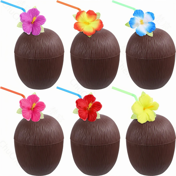 Hawaiian Themed Coconut Cups with Flower Straws & Twist Clos