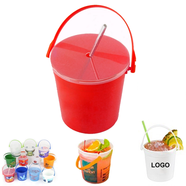 32oz Plastic Drink Buckets with Lids & Straws